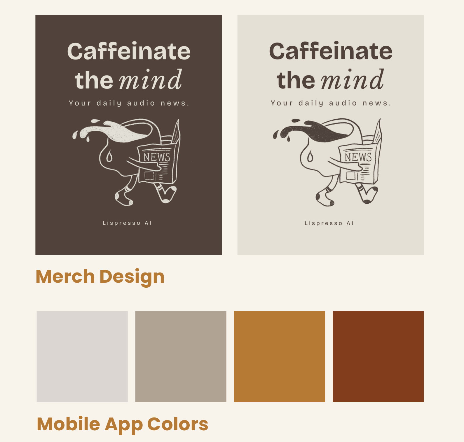 LispressoAI vision board: merch poster mockups and mobile app color palette