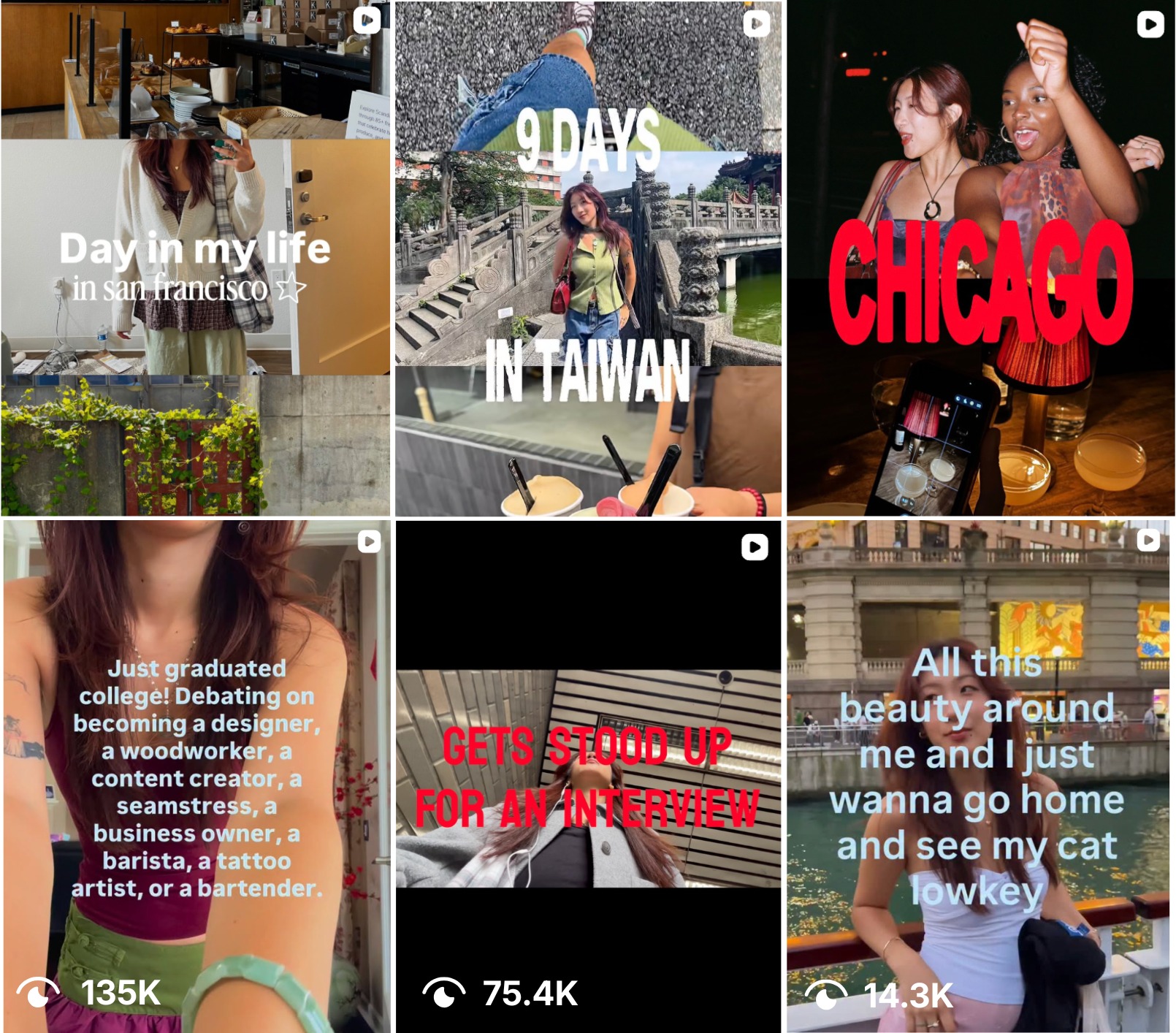 Grid of six Instagram Reels: day-in-my-life San Francisco, 9 days in Taiwan, Chicago night out, and more