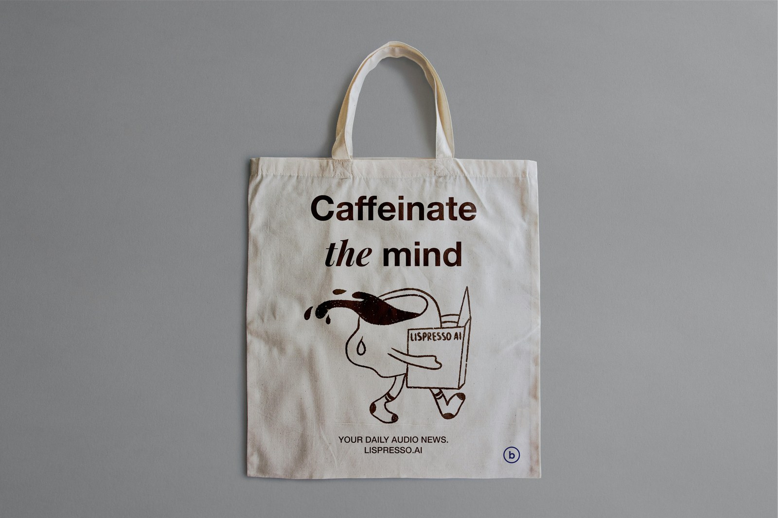 LispressoAI tote bag merch mockup: Caffeinate the mind